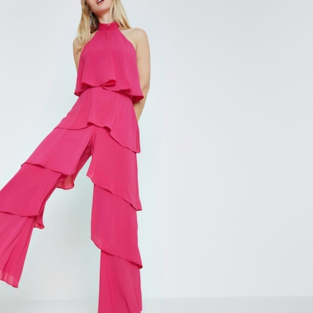River Island Hot Pink Halter Ruffle Jumpsuit Pants Suit Size 14